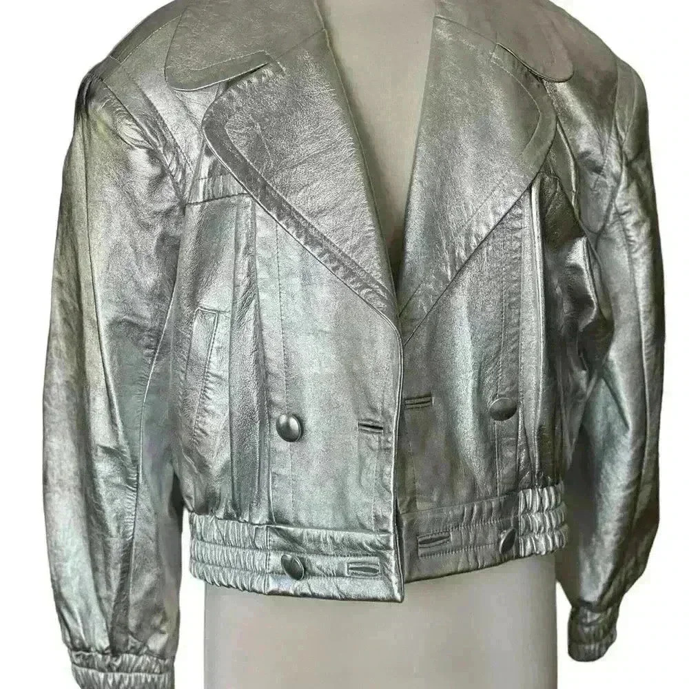 Lillie Rubin Metallic Silver Cropped Bomber Jacket